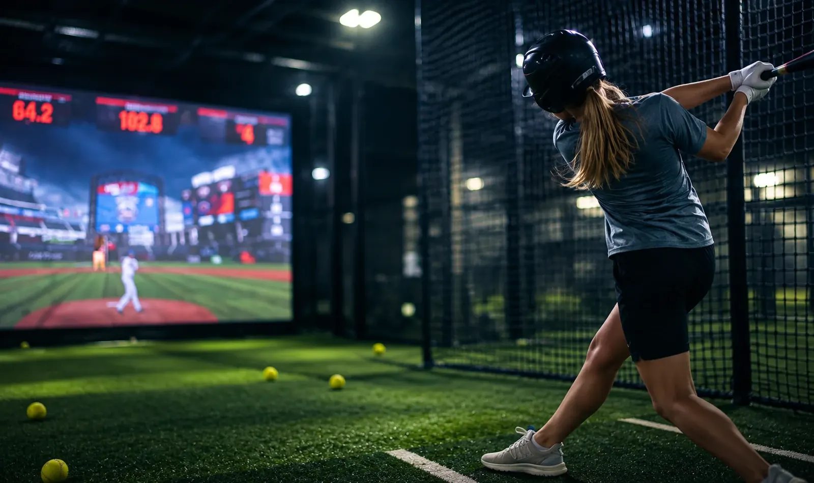 A softball player swinging against the ProBatter simulator screen in a C&C Bat Factory cage