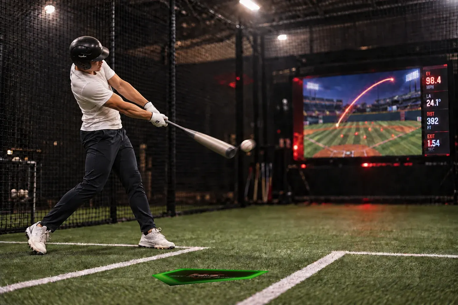 A batter mid-swing in a C&C Bat Factory cage