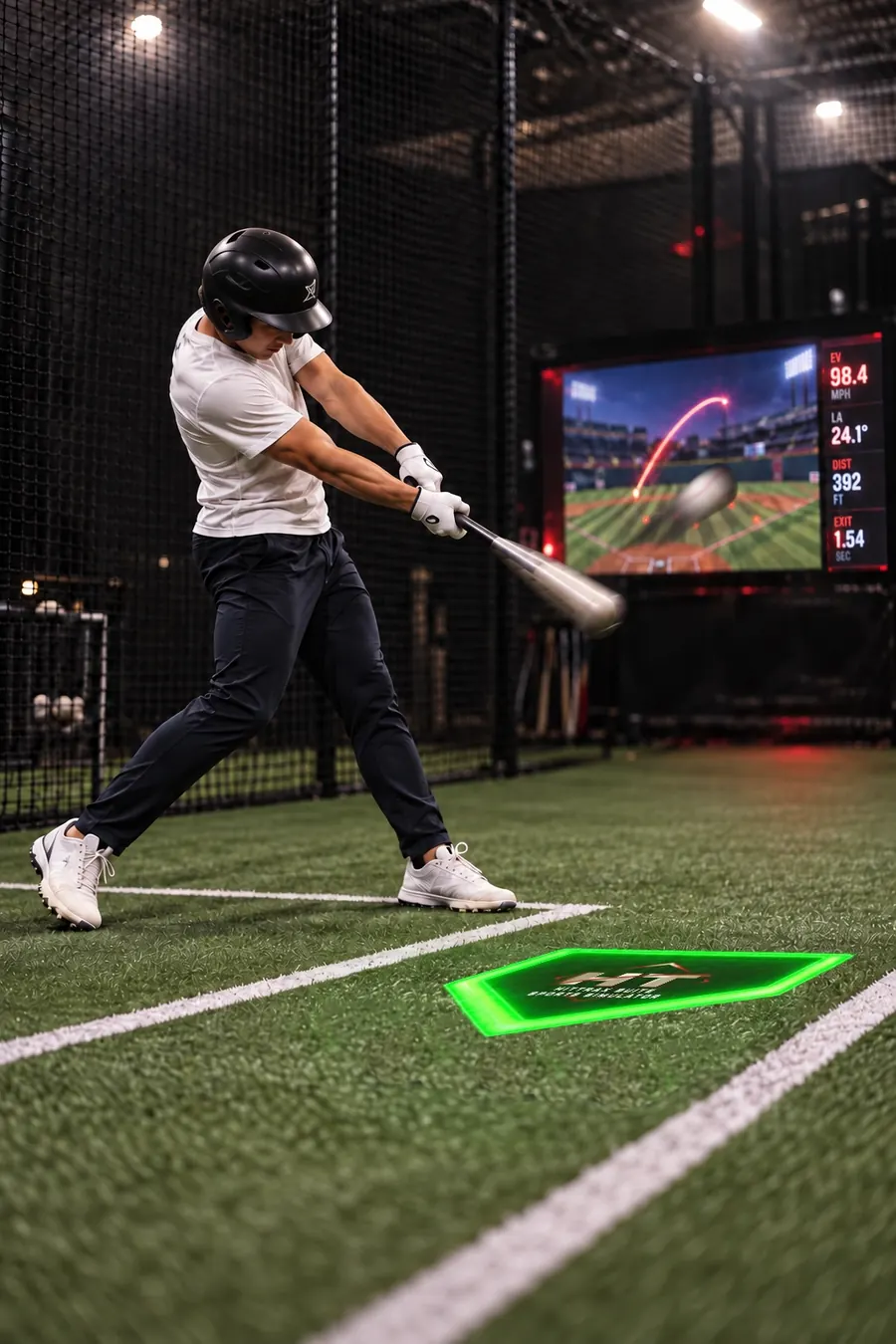 A batter mid-swing at C&C Bat Factory