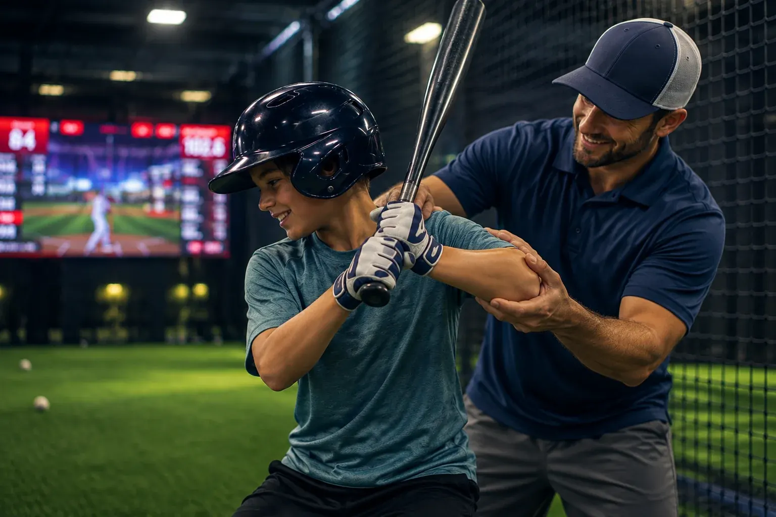A coach adjusting a young player's elbow in the batting cage