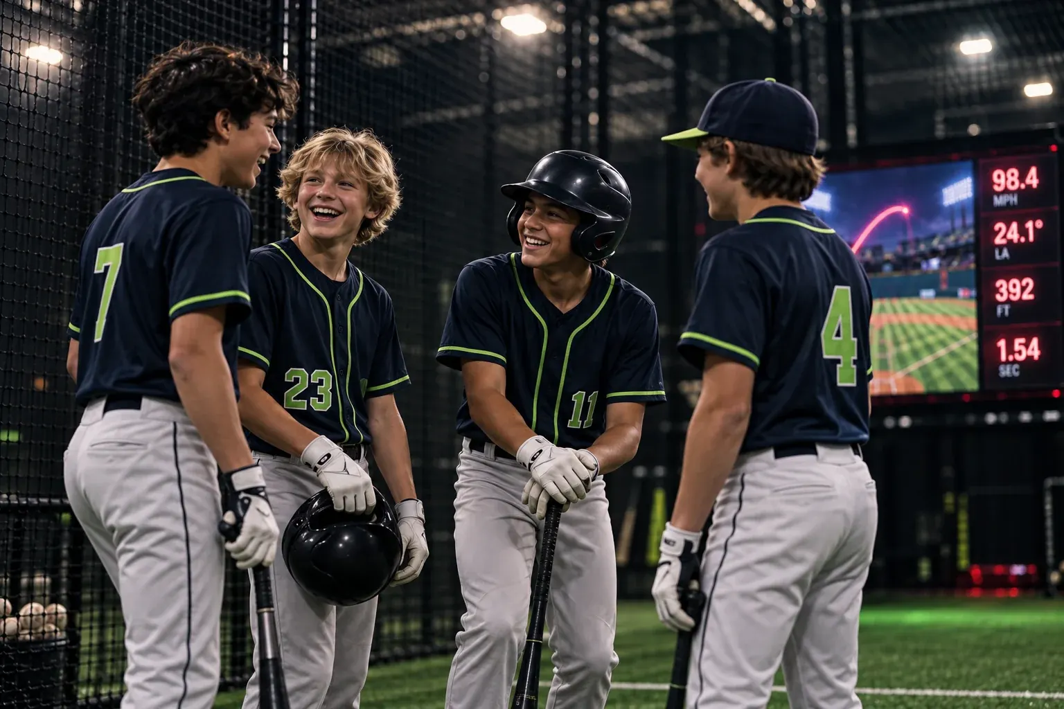 Four youth baseball teammates laughing in the cage